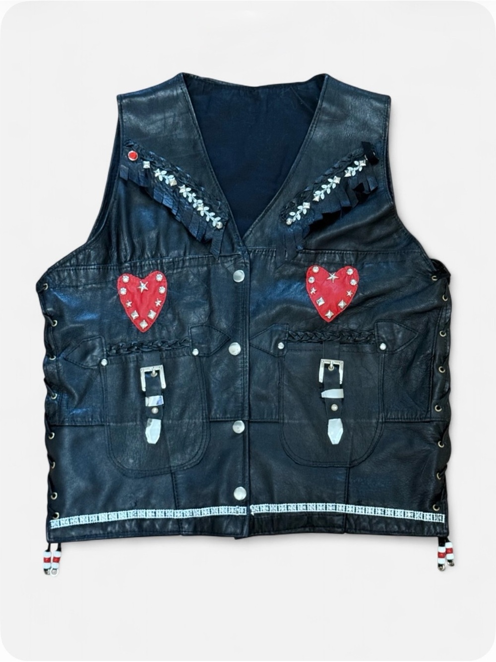 ⚡️SALE⚡️Custom Vintage Black Leather Studded Vest Red Heart Patches & Fringe